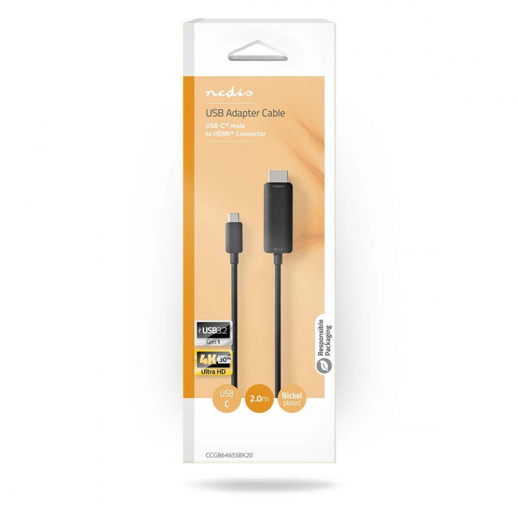 Nedis USB-C™ Adapter | USB 3.2 Gen 1 | USB-C™ Han | HDMI™ Stik | 4K@60Hz | 2.00 m | Runde | Nikkelplateret | PVC | Sort | Box