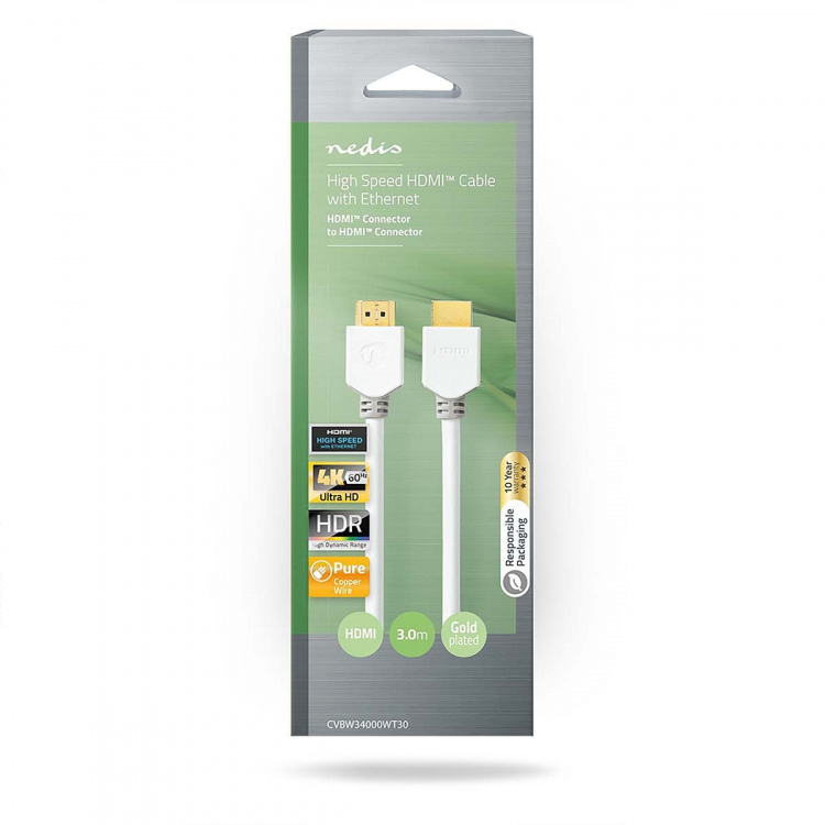 Nedis High Speed ​​HDMI ™ kabel med Ethernet | HDMI™ Stik | HDMI™ Stik | 4K@60Hz | ARC | 18 Gbps | 3.00 m | Runde | PVC | Hvid | Box