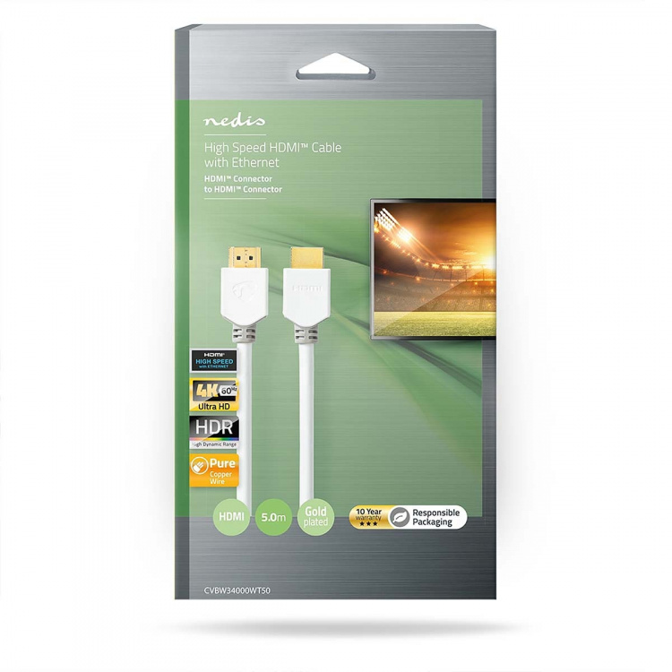 Nedis High Speed ​​HDMI ™ kabel med Ethernet | HDMI™ Stik | HDMI™ Stik | 4K@60Hz | ARC | 18 Gbps | 5.00 m | Runde | PVC | Hvid | Box