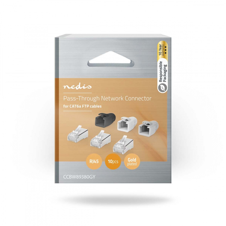 Nedis RJ45-stik | RJ45 Pass Through | Fast/strenget FTP CAT6a | Lige | Guldplateret | 10 stk. | Polycarbonate | Grå / Hvid / Sort | Box