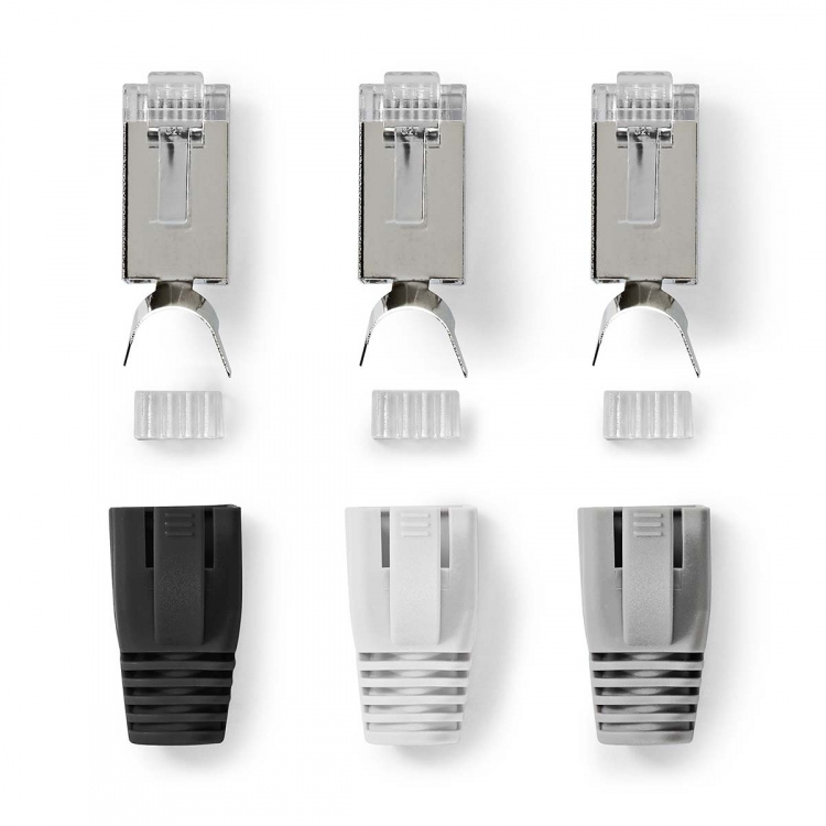 Nedis RJ45-stik | RJ45 Pass Through | Fast/strenget FTP CAT7 | Lige | Guldplateret | 10 stk. | Polycarbonate | Grå / Hvid / Sort | Box