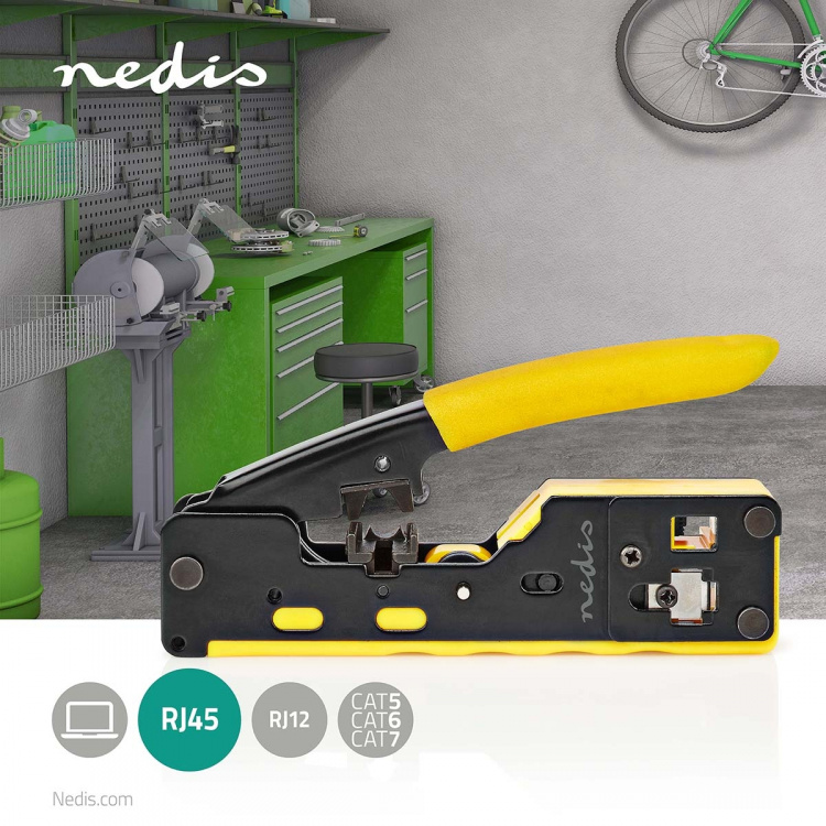 Nedis Crimp Tang | CAT5 / CAT5e / CAT6 / CAT6a / CAT7 / RJ12 / RJ45 | Klipper / Plier / Stripping | Gummi / Stål | Gul / Sort