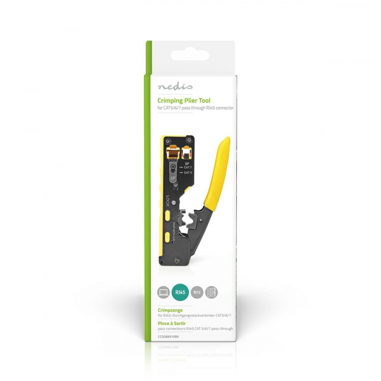 Nedis Crimp Tang | CAT5 / CAT5e / CAT6 / CAT6a / CAT7 / RJ12 / RJ45 | Klipper / Plier / Stripping | Gummi / Stål | Gul / Sort
