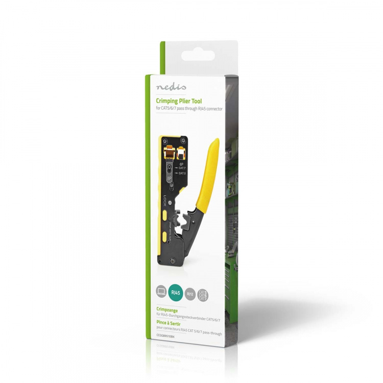 Nedis Crimp Tang | CAT5 / CAT5e / CAT6 / CAT6a / CAT7 / RJ12 / RJ45 | Klipper / Plier / Stripping | Gummi / Stål | Gul / Sort