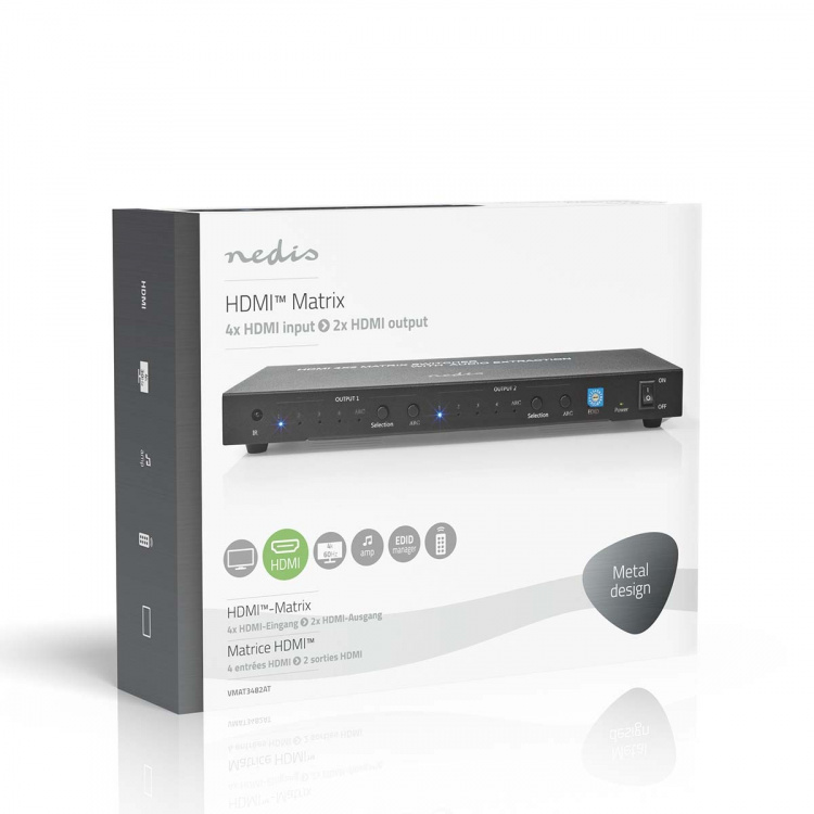 Nedis HDMI ™ Matrix Switch | 4 x 2-Port port(s) | 4x HDMI™ Input | 2x 3.5 mm / 2x HDMI™ Output / 2x TosLink | 4K@60Hz | 18 Gbps | Fjernstyret | Metal | Antracit