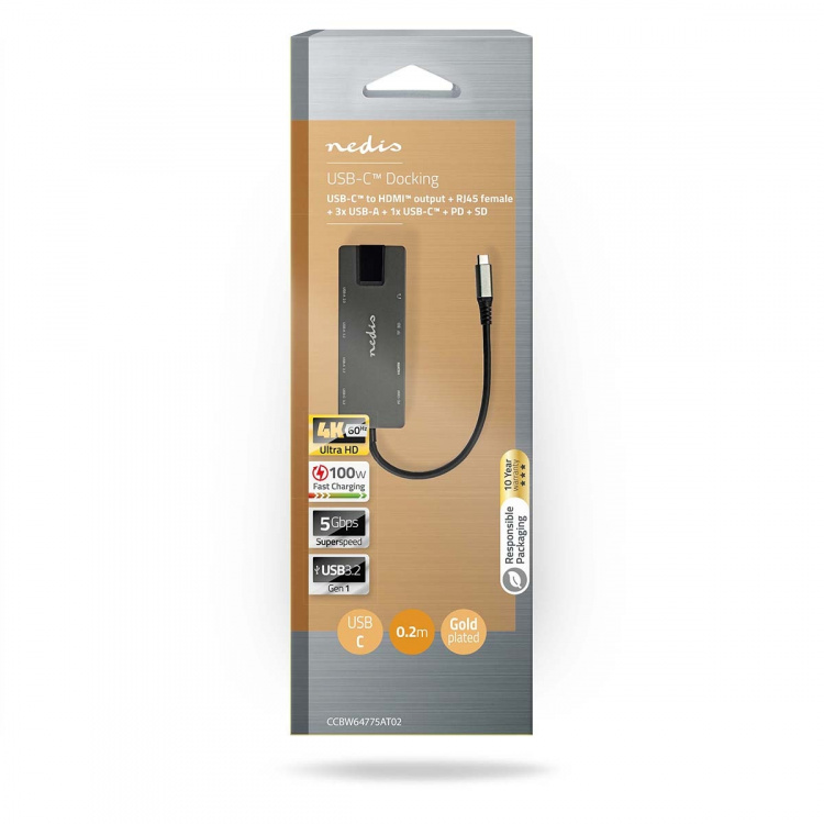 Nedis USB Multi-Port Adapter | 10-i-1 | USB 3.2 Gen 1 | USB-C™ Han | HDMI ™ -udgang / RJ45 Hun / SD / 2x USB-C™ / 3.5 mm Hunstik / 3x USB-A Hun | 5 Gbps | 0.20 m | Runde | Guldplateret | PVC | Antracit | Box