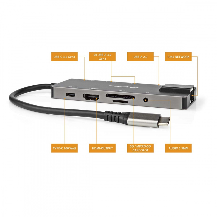 Nedis USB Multi-Port Adapter | 10-i-1 | USB 3.2 Gen 1 | USB-C™ Han | HDMI ™ -udgang / RJ45 Hun / SD / 2x USB-C™ / 3.5 mm Hunstik / 3x USB-A Hun | 5 Gbps | 0.20 m | Runde | Guldplateret | PVC | Antracit | Box