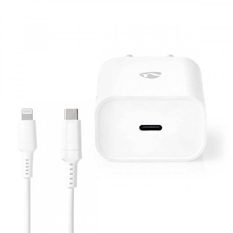 Nedis Vægoplader | 20 W | PD3.0 20W | Hurtigopladningsfunktion | 1.67 A / 2.22 A / 3.0 A | Antal output: 1 | USB-C™ | Lightning 8-Pin (Loose) kabel | 1.00 m | Automatisk Valgt Spænding | Hvid