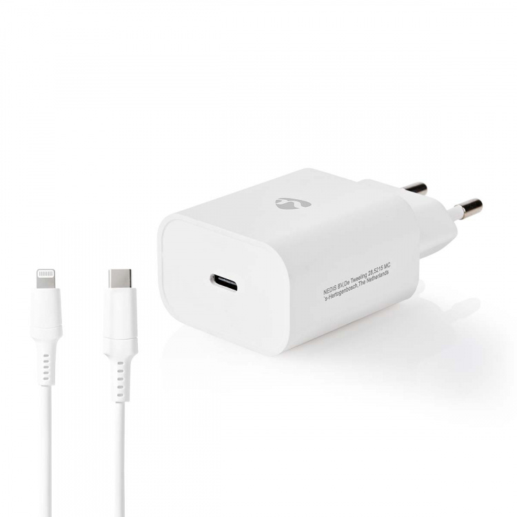 Nedis Vægoplader | 20 W | PD3.0 20W | Hurtigopladningsfunktion | 1.67 A / 2.22 A / 3.0 A | Antal output: 1 | USB-C™ | Lightning 8-Pin (Loose) kabel | 1.00 m | Automatisk Valgt Spænding | Hvid