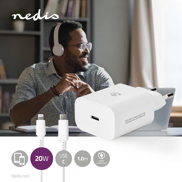 Nedis Vægoplader | 20 W | PD3.0 20W | Hurtigopladningsfunktion | 1.67 A / 2.22 A / 3.0 A | Antal output: 1 | USB-C™ | Lightning 8-Pin (Loose) kabel | 1.00 m | Automatisk Valgt Spænding | Hvid