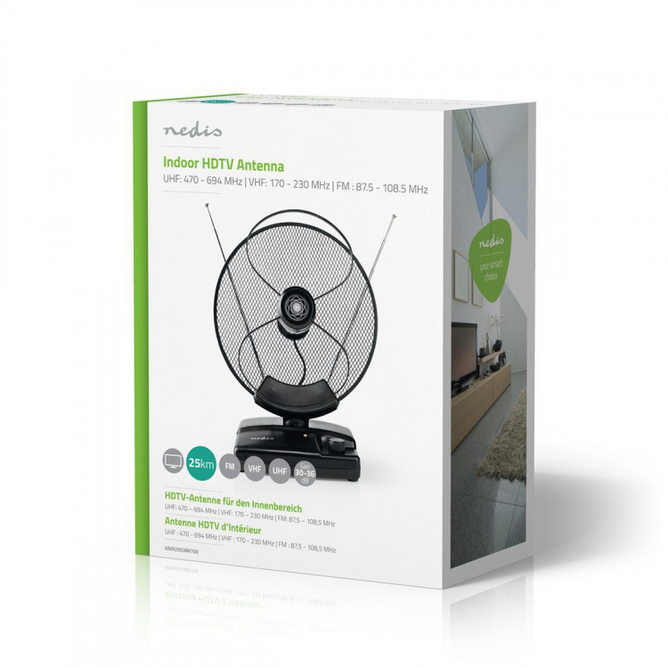 Nedis Indendørs antenne | Active | FM / UHF / VHF | Modtagelsesområde: 0-25 km | LTE700 | Forstærkning: 36 dB | Få kontrol | ABS | Sort