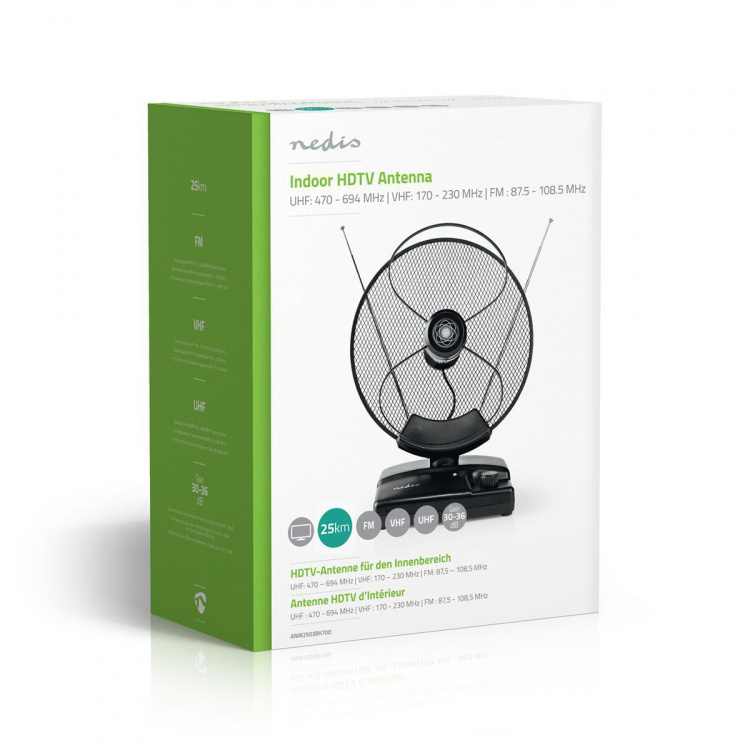 Nedis Indendørs antenne | Active | FM / UHF / VHF | Modtagelsesområde: 0-25 km | LTE700 | Forstærkning: 36 dB | Få kontrol | ABS | Sort