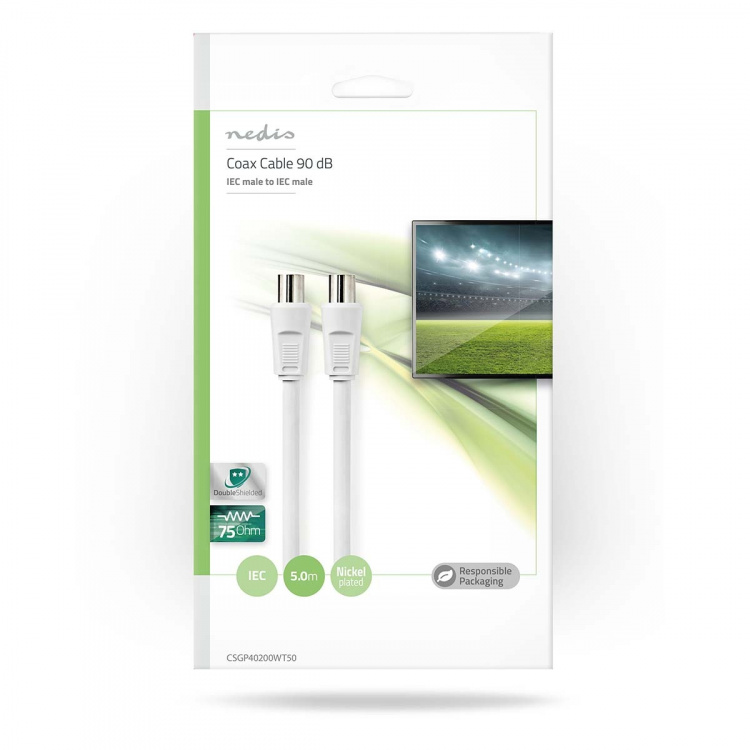 Nedis Coax Cable | IEC (Coax) Han | IEC (Coax) Han | Nikkelplateret | 90 dB | 75 Ohm | Dobbelt afskærmet | 5.00 m | Runde | PVC | Hvid | Konvolut