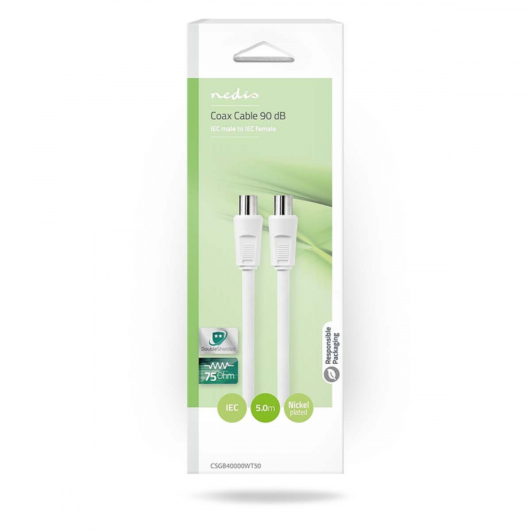 Nedis Coax Cable | IEC (Coax) Han | IEC (Coax) Hun | Nikkelplateret | 90 dB | 75 Ohm | Dobbelt afskærmet | 5.00 m | Runde | PVC | Hvid | Box