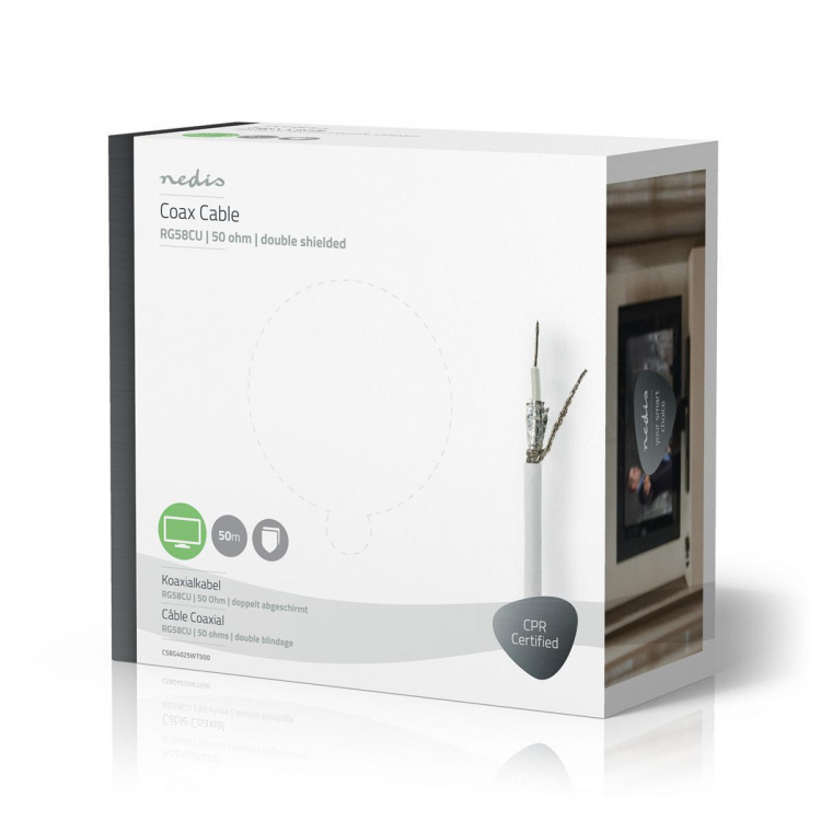 Nedis Coax Kabel På Rulle | RG58C/U | 50 Ohm | Dobbelt afskærmet | ECA | 50.0 m | Coax | PVC | Hvid | Gaveæske