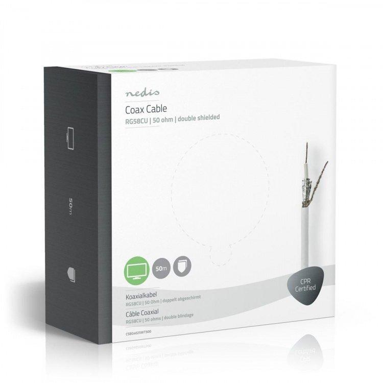 Nedis Coax Kabel På Rulle | RG58C/U | 50 Ohm | Dobbelt afskærmet | ECA | 50.0 m | Coax | PVC | Hvid | Gaveæske