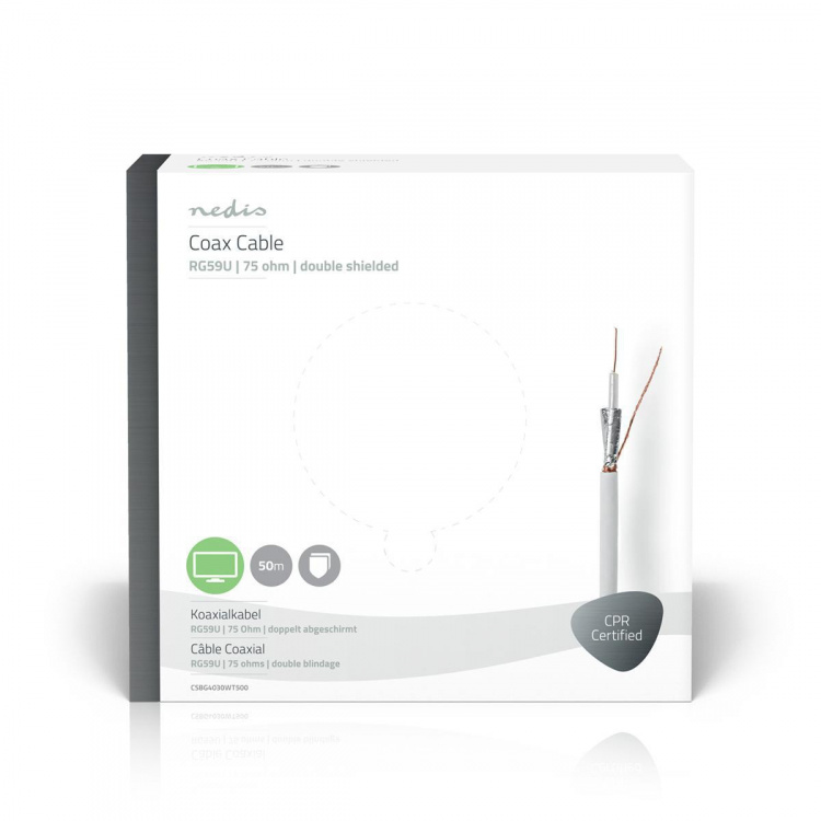 Nedis Coax Kabel På Rulle | RG59U | 75 Ohm | Dobbelt afskærmet | ECA | 50.0 m | Coax | PVC | Hvid | Gaveæske