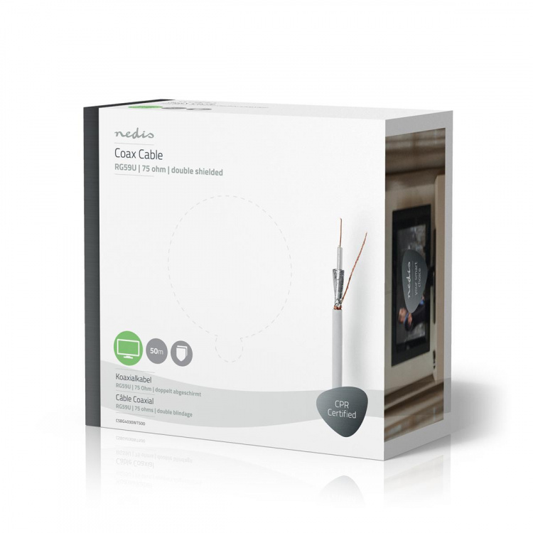 Nedis Coax Kabel På Rulle | RG59U | 75 Ohm | Dobbelt afskærmet | ECA | 50.0 m | Coax | PVC | Hvid | Gaveæske