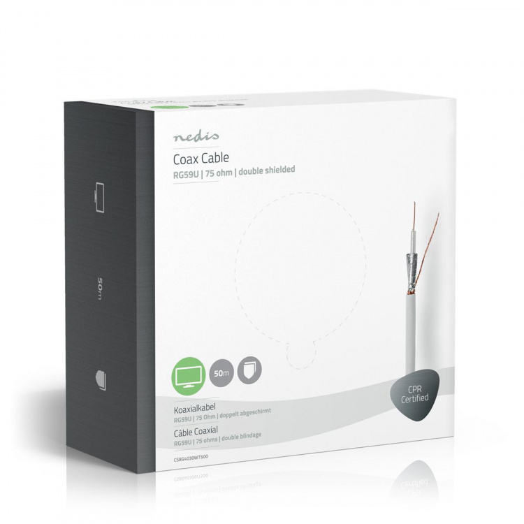 Nedis Coax Kabel På Rulle | RG59U | 75 Ohm | Dobbelt afskærmet | ECA | 50.0 m | Coax | PVC | Hvid | Gaveæske