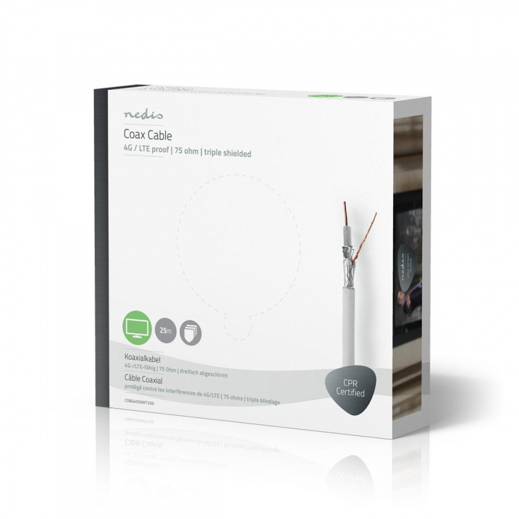 Nedis Coax Kabel På Rulle | 4G / LTE secure | 75 Ohm | Triple afskærmet | ECA | 25.0 m | Coax | PVC | Hvid | Gaveæske