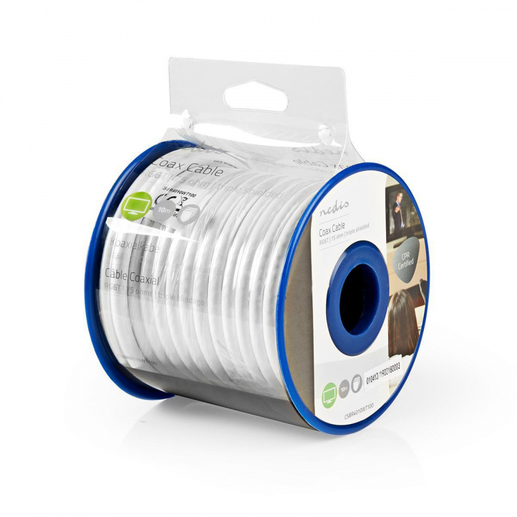 Nedis Coax Kabel På Rulle | RG6T | 75 Ohm | Dobbelt afskærmet | ECA | 10.0 m | Coax | PVC | Hvid | Rulle