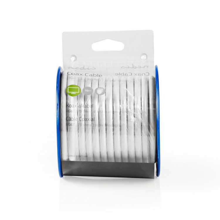Nedis Coax Kabel På Rulle | RG6T | 75 Ohm | Dobbelt afskærmet | ECA | 10.0 m | Coax | PVC | Hvid | Rulle