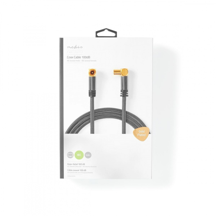 Nedis Coax Cable | IEC (Coax) Han | IEC (Coax) Hun | Guldplateret | 75 Ohm | Quad Skærmet | 5.00 m | Runde | Bomuld | Grå / Gun Metal Grå | Cover Window Box