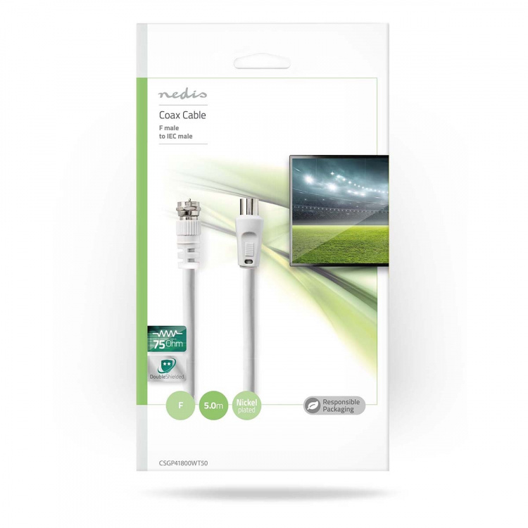 Nedis Satellit & Antennekabel | F Han Quick | IEC (Coax) Han | Nikkelplateret | 30 dB | 75 Ohm | Dobbelt afskærmet | 5.00 m | Runde | PVC | Hvid | Konvolut