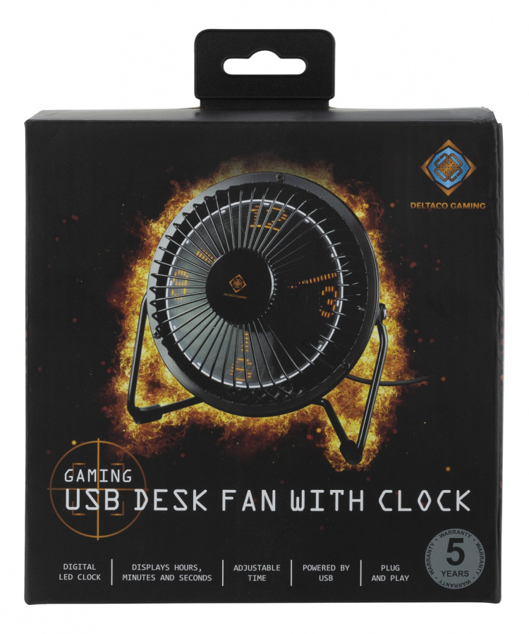 DELTACO GAMING USB desktop fan with clock, black