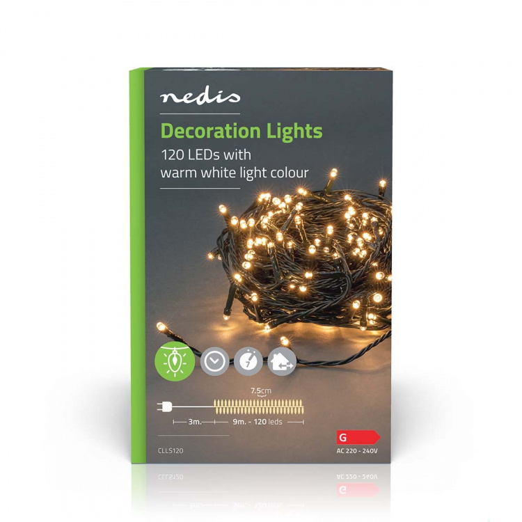 Nedis Julebelysning | Snor | 120 LED\'s | Varm Hvid | 9.00 m | Lyseffekter: 7 | Indendørs eller udendørs | Strømforsyning
