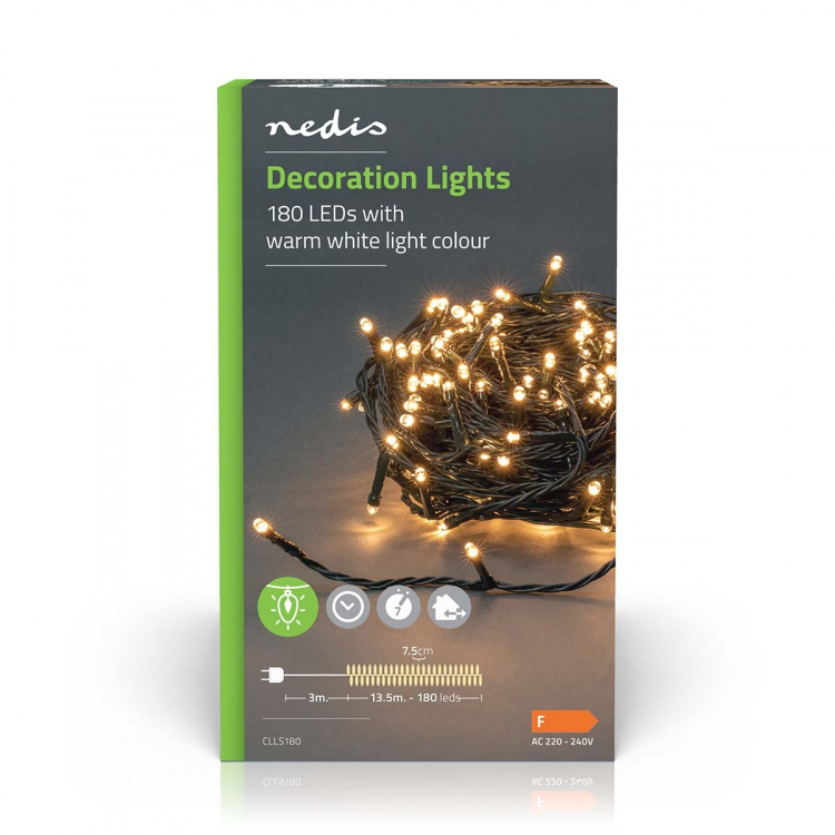 Nedis Julebelysning | Snor | 180 LED\'s | Varm Hvid | 13.50 m | Lyseffekter: 7 | Indendørs eller udendørs | Strømforsyning