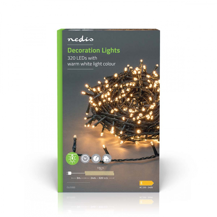 Nedis Julebelysning | Snor | 320 LED\'s | Varm Hvid | 24.00 m | Lyseffekter: 7 | Indendørs eller udendørs | Strømforsyning