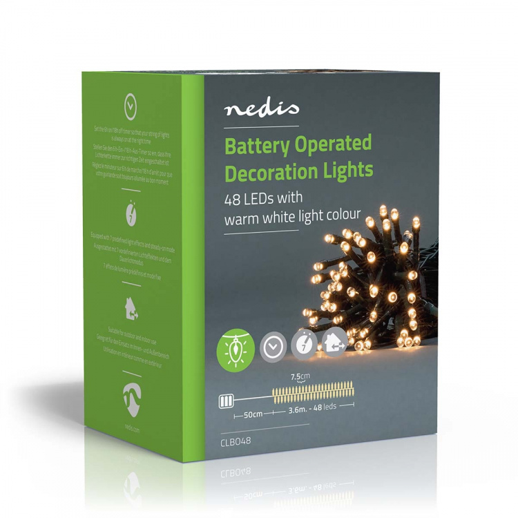 Nedis Julebelysning | Snor | 48 LED\'s | Varm Hvid | 3.60 m | Lyseffekter: 7 | Indendørs eller udendørs | Batteri