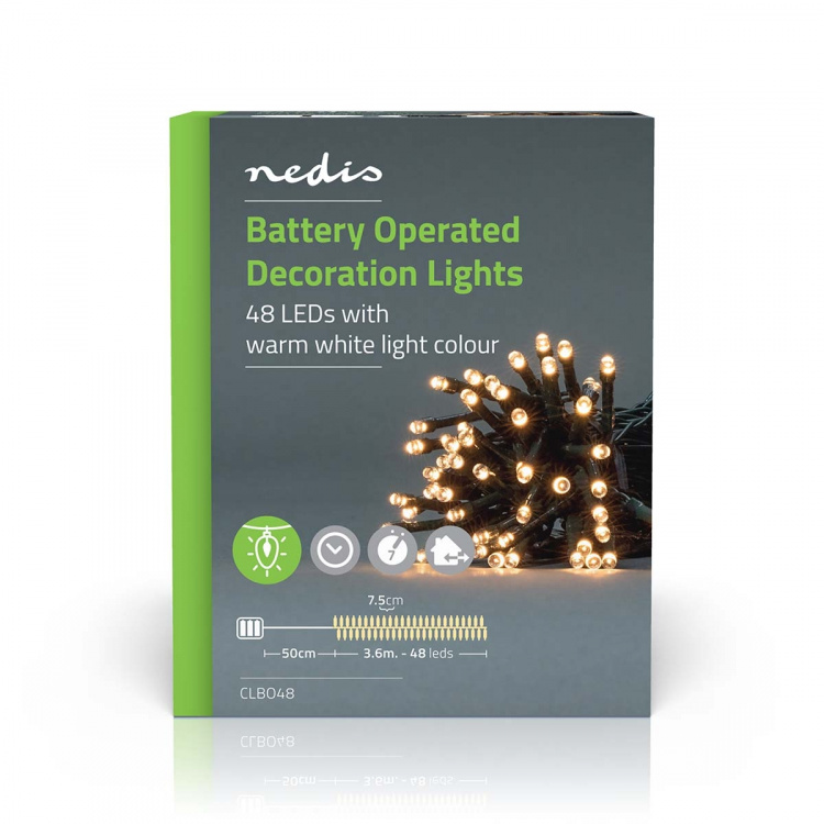 Nedis Julebelysning | Snor | 48 LED\'s | Varm Hvid | 3.60 m | Lyseffekter: 7 | Indendørs eller udendørs | Batteri