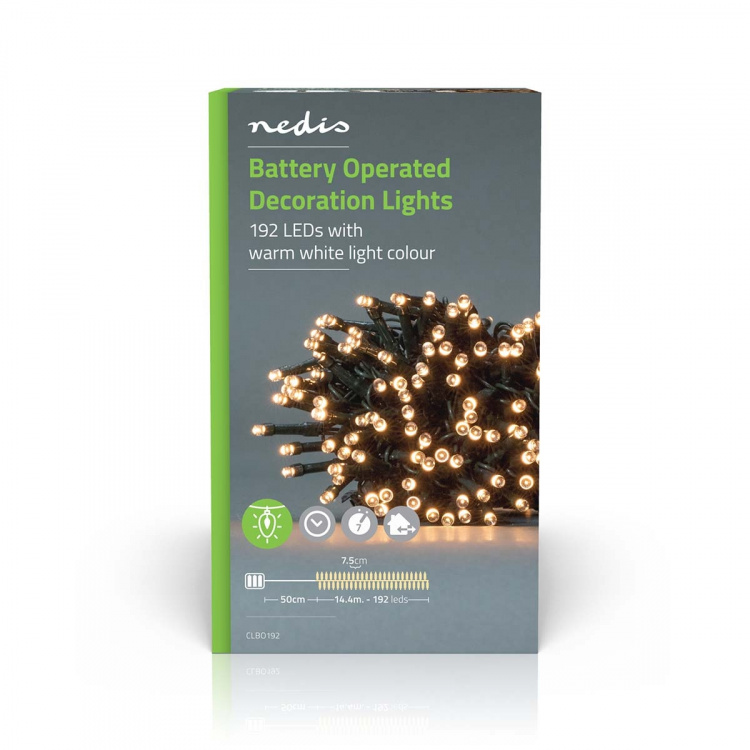 Nedis Julebelysning | Snor | 192 LED\'s | Varm Hvid | 14.40 m | Lyseffekter: 7 | Indendørs eller udendørs | Batteri