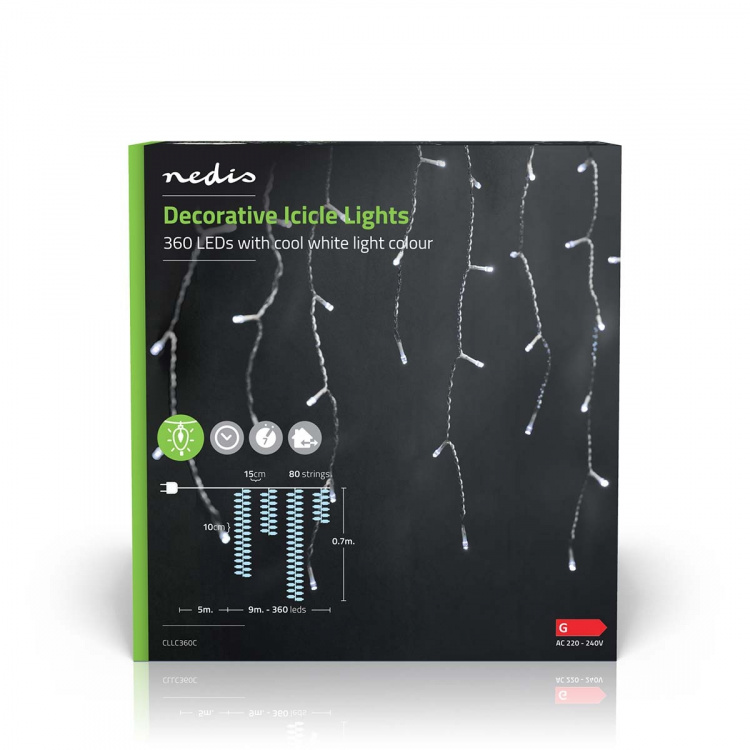 Nedis Dekorative Istagelys | 360 LED\'s | Cool Hvid | 9.00 m | Lyseffekter: 7 | Strømforsyning
