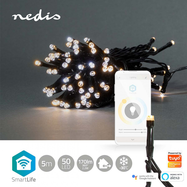 Nedis SmartLife jluelys | Snor | Wi-Fi | Varm til kølig hvid | 50 LED\'s | 5.00 m | Android™ / IOS