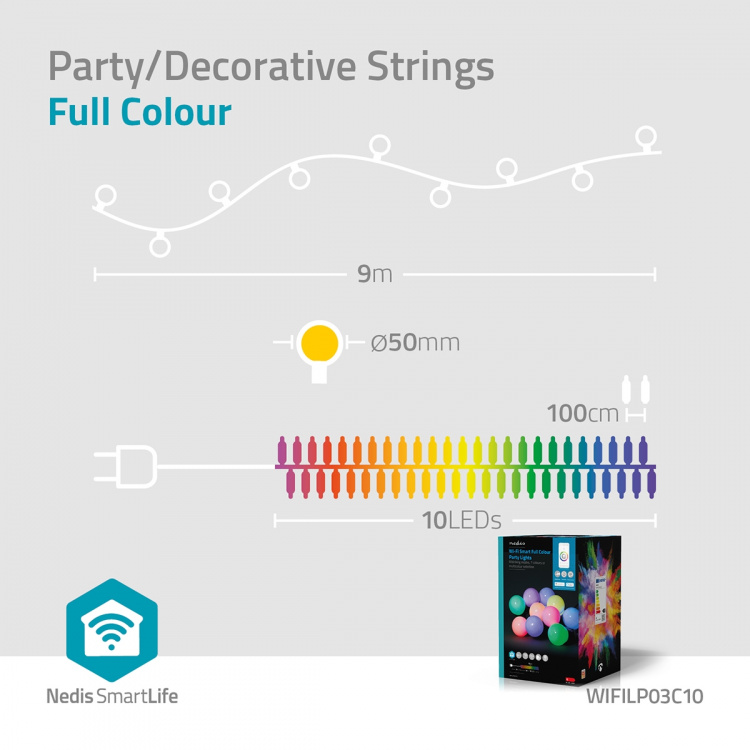 Nedis SmartLife Dekorative Lys | Party Lights | Wi-Fi | Hvid / RGB | 10 LED\'s | 9.00 m | Android™ / IOS | Pærediameter: 50 mm Nedis SmartLife Dekorative Lys | Party Lights | Wi-Fi | Hvid / RGB | 10 LED\'s | 9.00 m | Android™ / IOS | Pærediameter: 50 mm