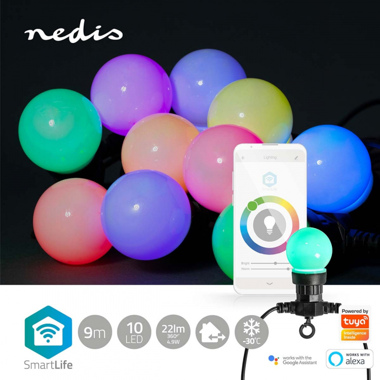 Nedis SmartLife Dekorative Lys | Party Lights | Wi-Fi | Hvid / RGB | 10 LED\'s | 9.00 m | Android™ / IOS | Pærediameter: 50 mm Nedis SmartLife Dekorative Lys | Party Lights | Wi-Fi | Hvid / RGB | 10 LED\'s | 9.00 m | Android™ / IOS | Pærediameter: 50 mm