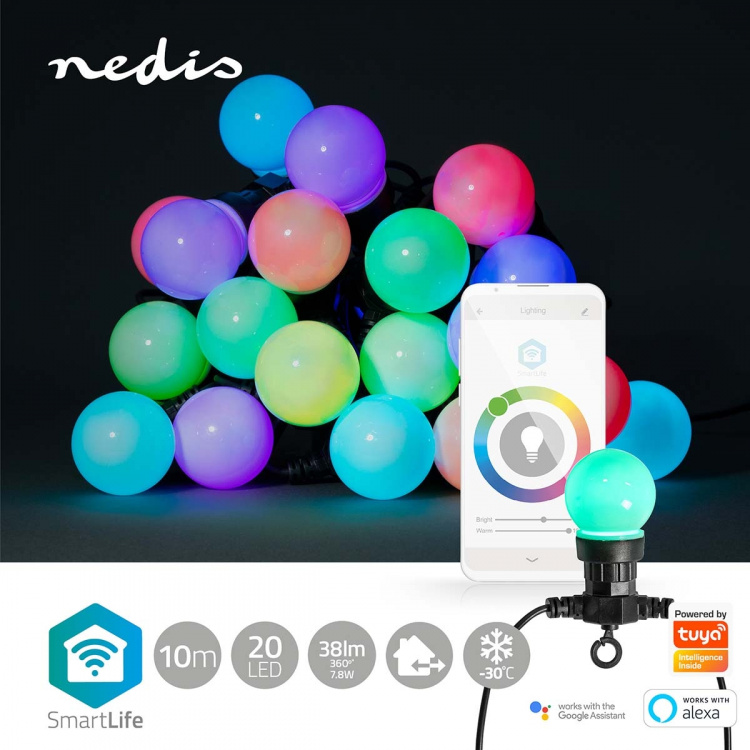 Nedis SmartLife Dekorative Lys | Party Lights | Wi-Fi | Hvid / RGB | 20 LED\'s | 10 m | Android™ / IOS | Pærediameter: 50 mm