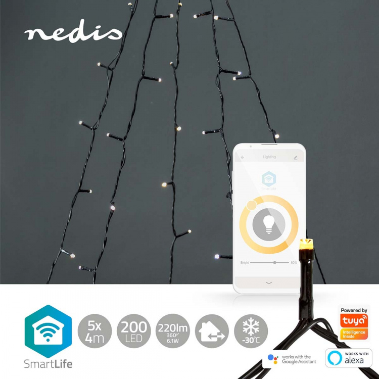 Nedis SmartLife jluelys | Træ | Wi-Fi | Varm Hvid | 200 LED\'s | 20.0 m | 5 x 4 m | Android™ / IOS
