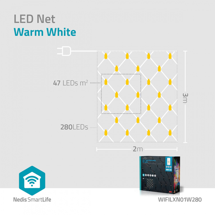 Nedis SmartLife jluelys | Net | Wi-Fi | Varm Hvid | 280 LED\'s | 3.00 m | 3 x 2 m | Android™ / IOS