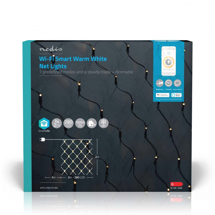 Nedis SmartLife jluelys | Net | Wi-Fi | Varm Hvid | 280 LED\'s | 3.00 m | 3 x 2 m | Android™ / IOS