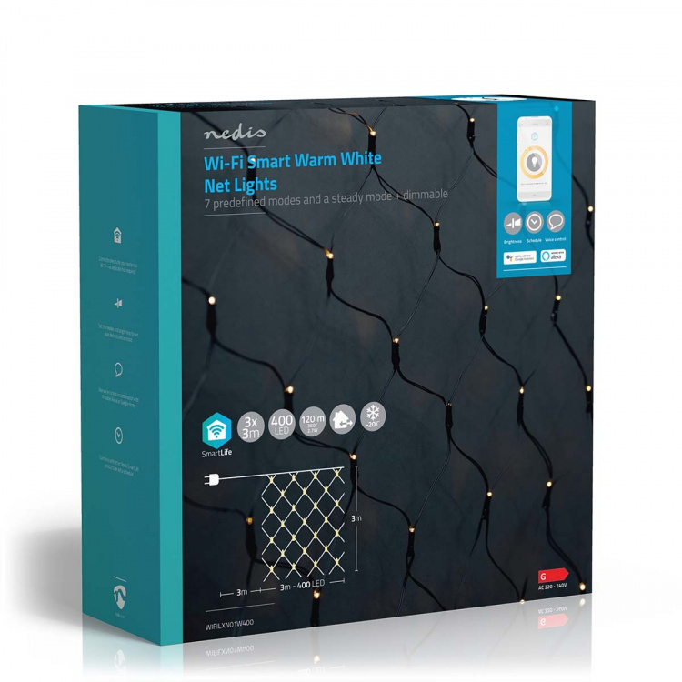 Nedis SmartLife jluelys | Net | Wi-Fi | Varm Hvid | 400 LED\'s | 3.00 m | 3 x 3 m | Android™ / IOS