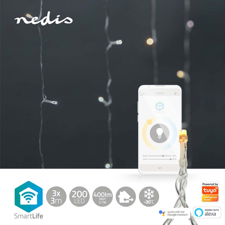 Nedis SmartLife jluelys | Gardin | Wi-Fi | Varm til kølig hvid | 200 LED\'s | 3 m | Android™ / IOS