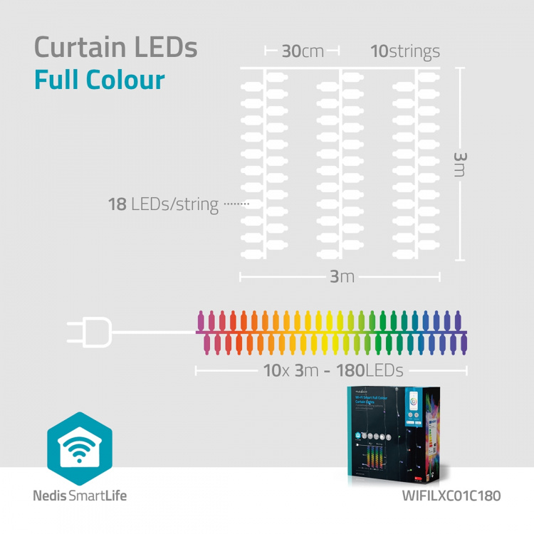 Nedis SmartLife jluelys | Gardin | Wi-Fi | RGB | 180 LED\'s | 3 m | Android™ / IOS