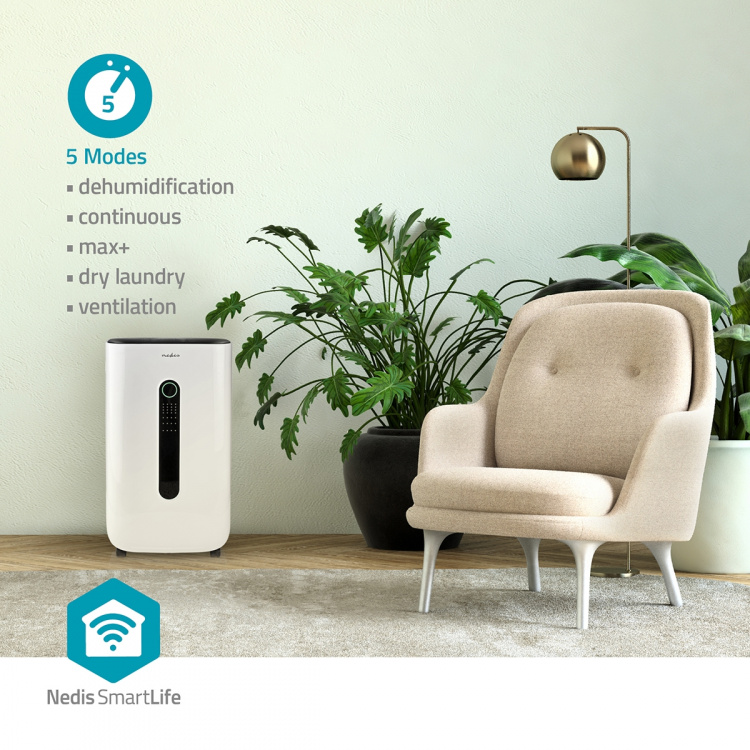 Nedis SmartLife Affugter | Wi-Fi | 20 l/Dag | Affugtning / Kontinuerlig / Tørt vasketøj / Ventilation | Android™ / IOS | Justerbar hygrostat | 195 m³/h