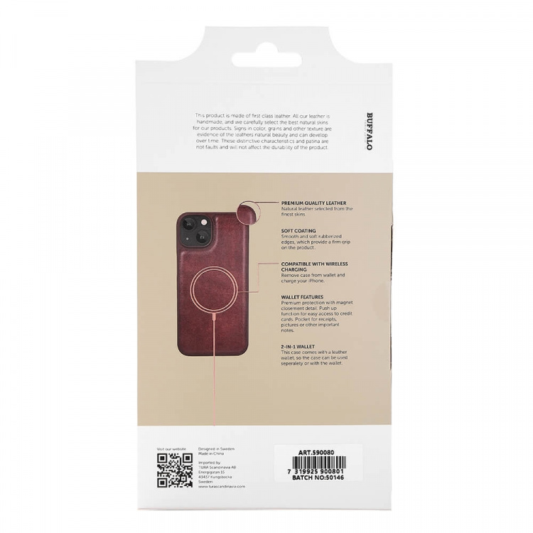 Buffalo 2in1 Wallet Leather 3 card iPhone 13/14/15 Brown