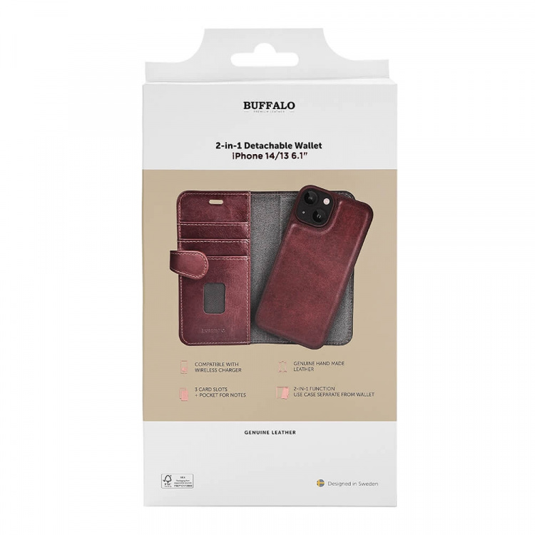 Buffalo 2in1 Wallet Leather 3 card iPhone 13/14/15 Brown