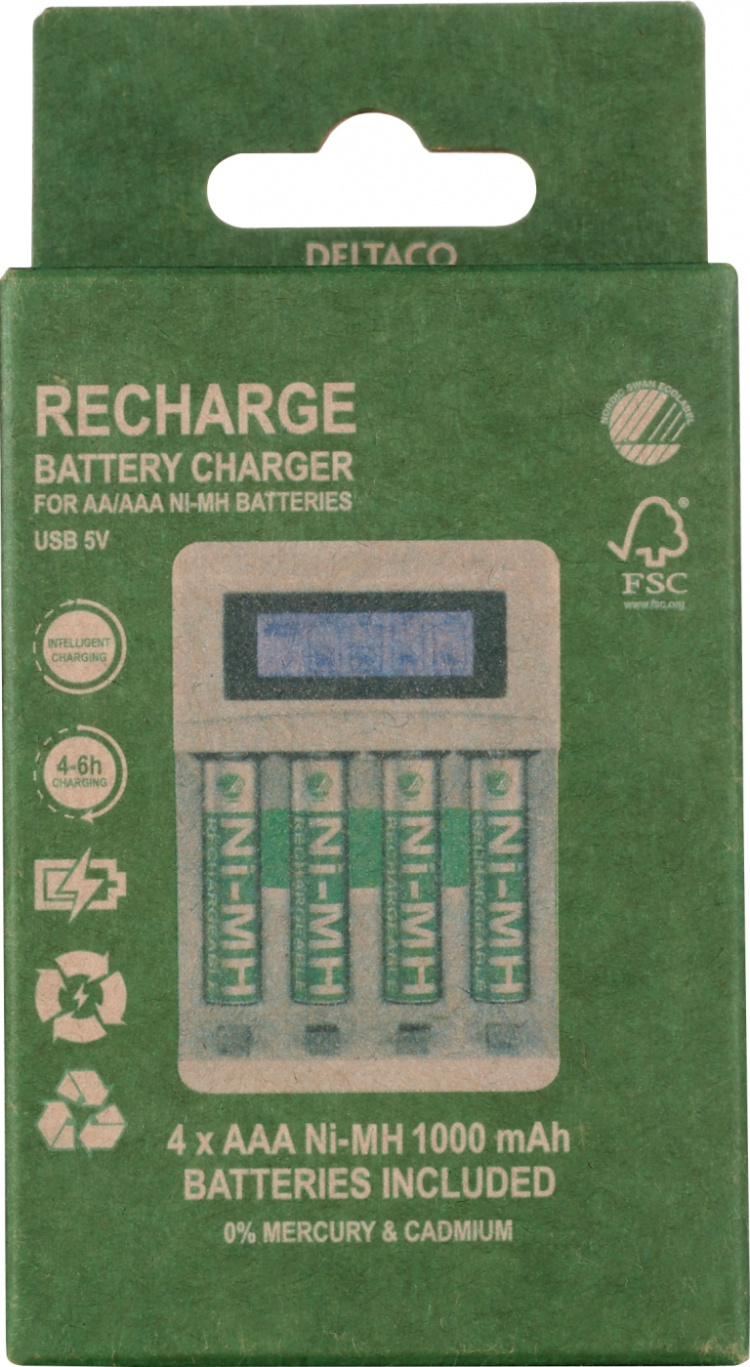 DELTACO Ultimate Ni-Mh USB laddare med 4 x AAA batterier DELTACO Ultimate Ni-Mh USB laddare med 4 x AAA batterier